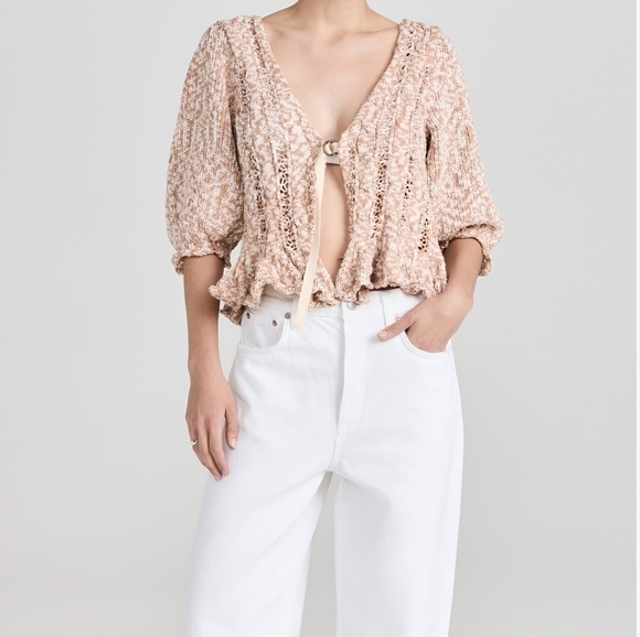 NWT FREE PEOPLE Yesterday Puff Sleeve Toggle Closure Cardigan- Large, Toast - Picture 5 of 9